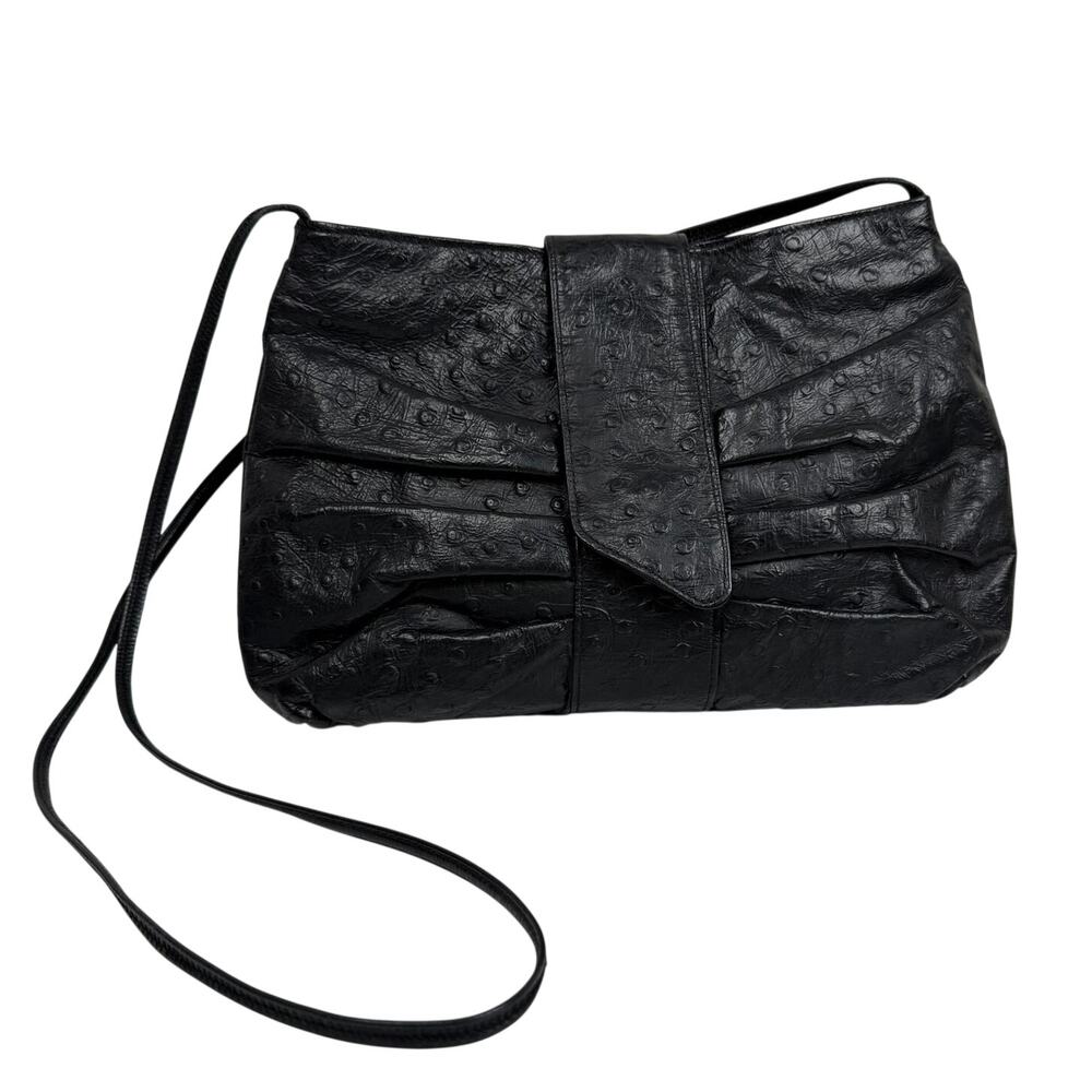 Vintage Black Faux Ostrich Leather Crossbody Shoulder Bag Minimalist